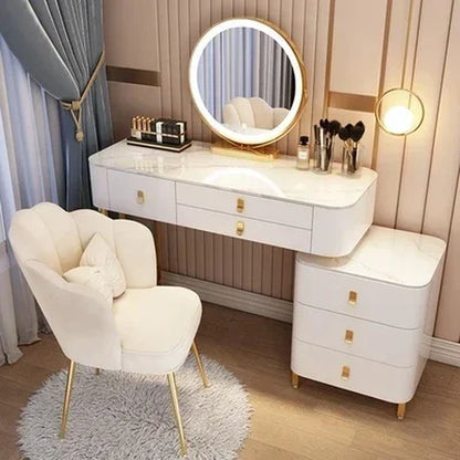 #Modern White Makeup Vanities Table Set with Smart Mirror Slate Top Modern Dressing Desk Wooden Bedroom Furniture
