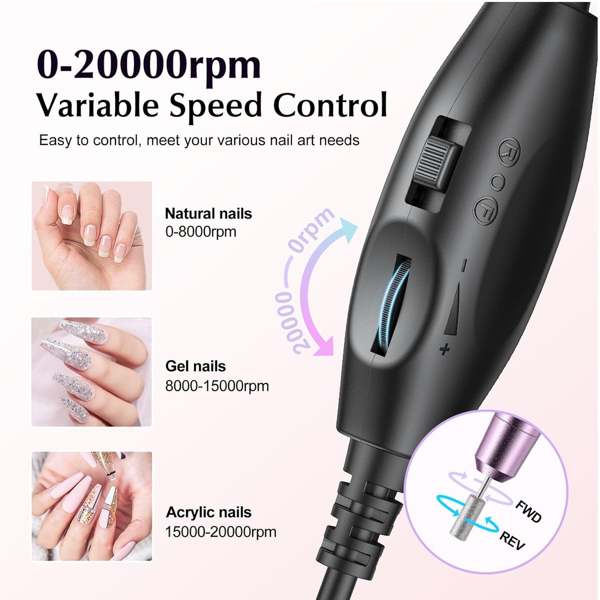 C40 Electric Nail Drill Professional, Precise Speed Dial, Purple