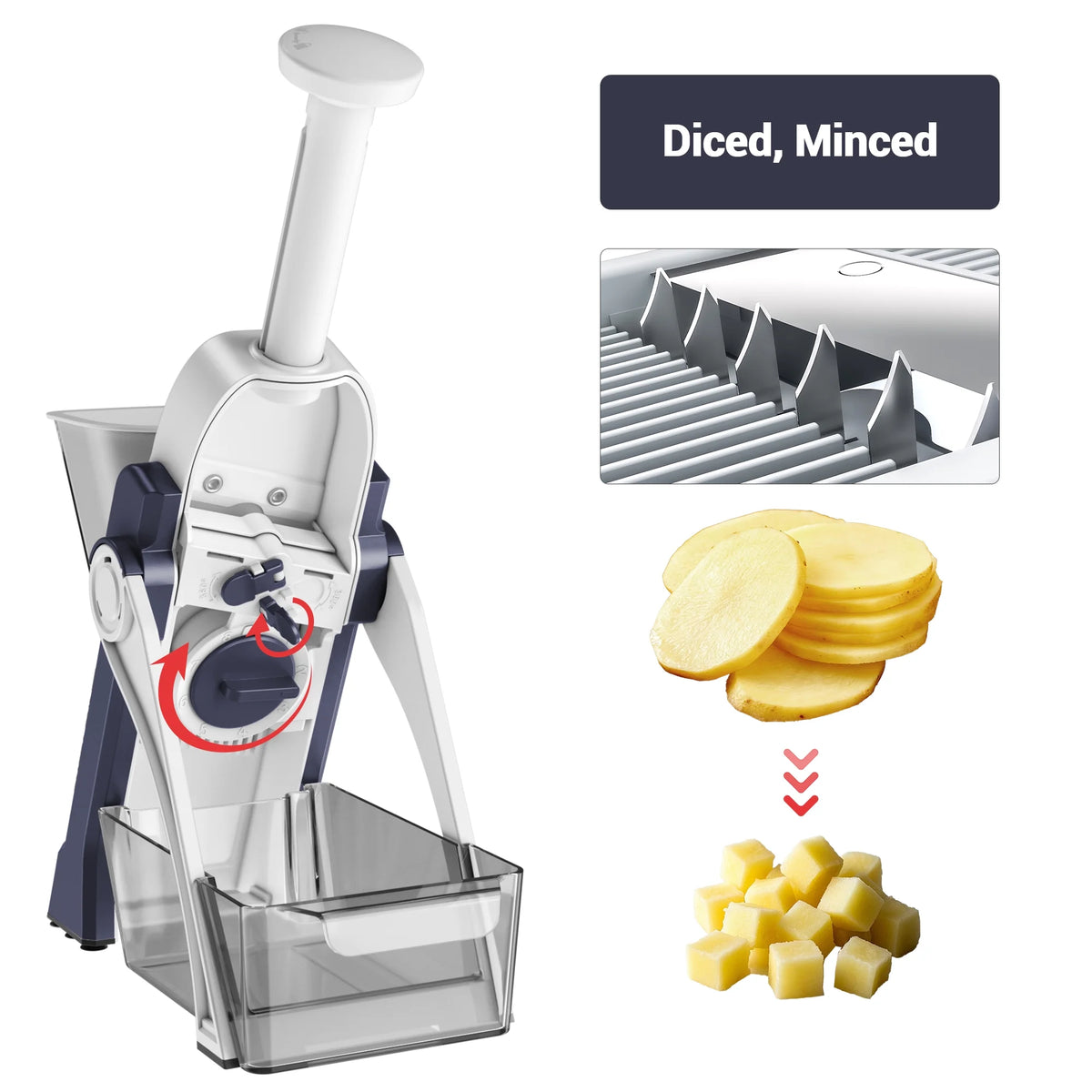 Safe Mandoline Slicer Vegetable Cutter, Potato Slicer, All in 1 Vegetables Slicer and Chopper, French Fry Cutter, Adjustable Thickness, Dishwasher Safe