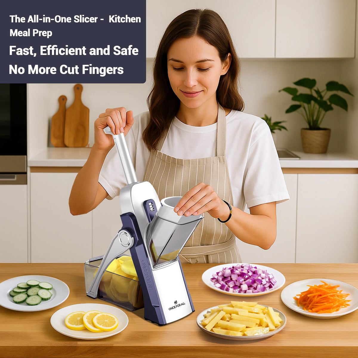Safe Mandoline Slicer Vegetable Cutter, Potato Slicer, All in 1 Vegetables Slicer and Chopper, French Fry Cutter, Adjustable Thickness, Dishwasher Safe