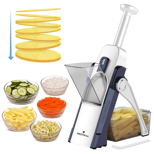 Safe Mandoline Slicer Vegetable Cutter, Potato Slicer, All in 1 Vegetables Slicer and Chopper, French Fry Cutter, Adjustable Thickness, Dishwasher Safe