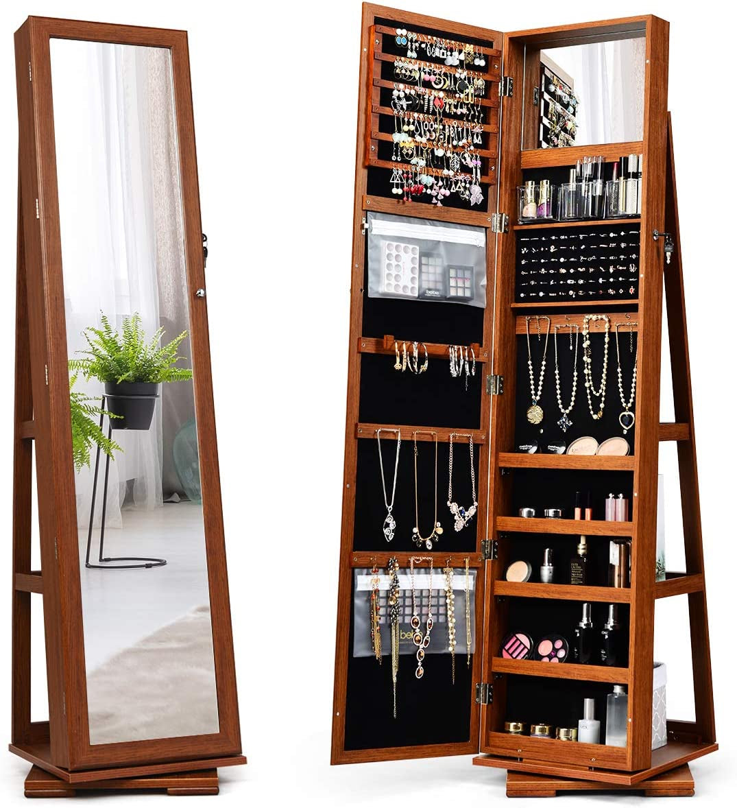 Swivel Jewelry Armoire with Full Length Mirror, Walnut