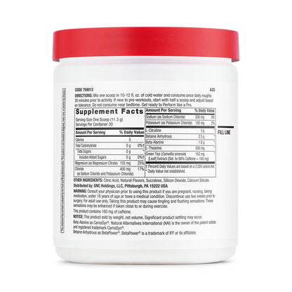 Pro Performance Pre Workout Powder, for Energy, Hydration, Focus, Sugar Free, Gluten Free, Blue Raspberry, 30 Servings