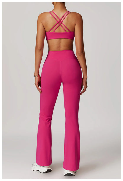Women Sportswear Sports Bra Long Sleeve Tops Flare Leggings 3pcs Training Suit Workout