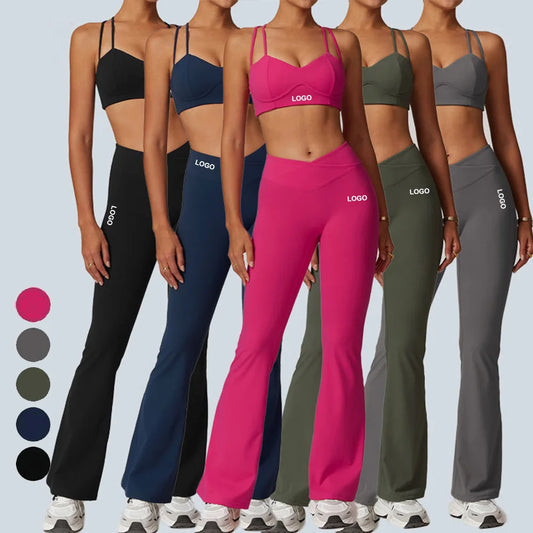 Women Sportswear Sports Bra Long Sleeve Tops Flare Leggings 3pcs Training Suit Workout
