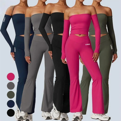 Women Sportswear Sports Bra Long Sleeve Tops Flare Leggings 3pcs Training Suit Workout