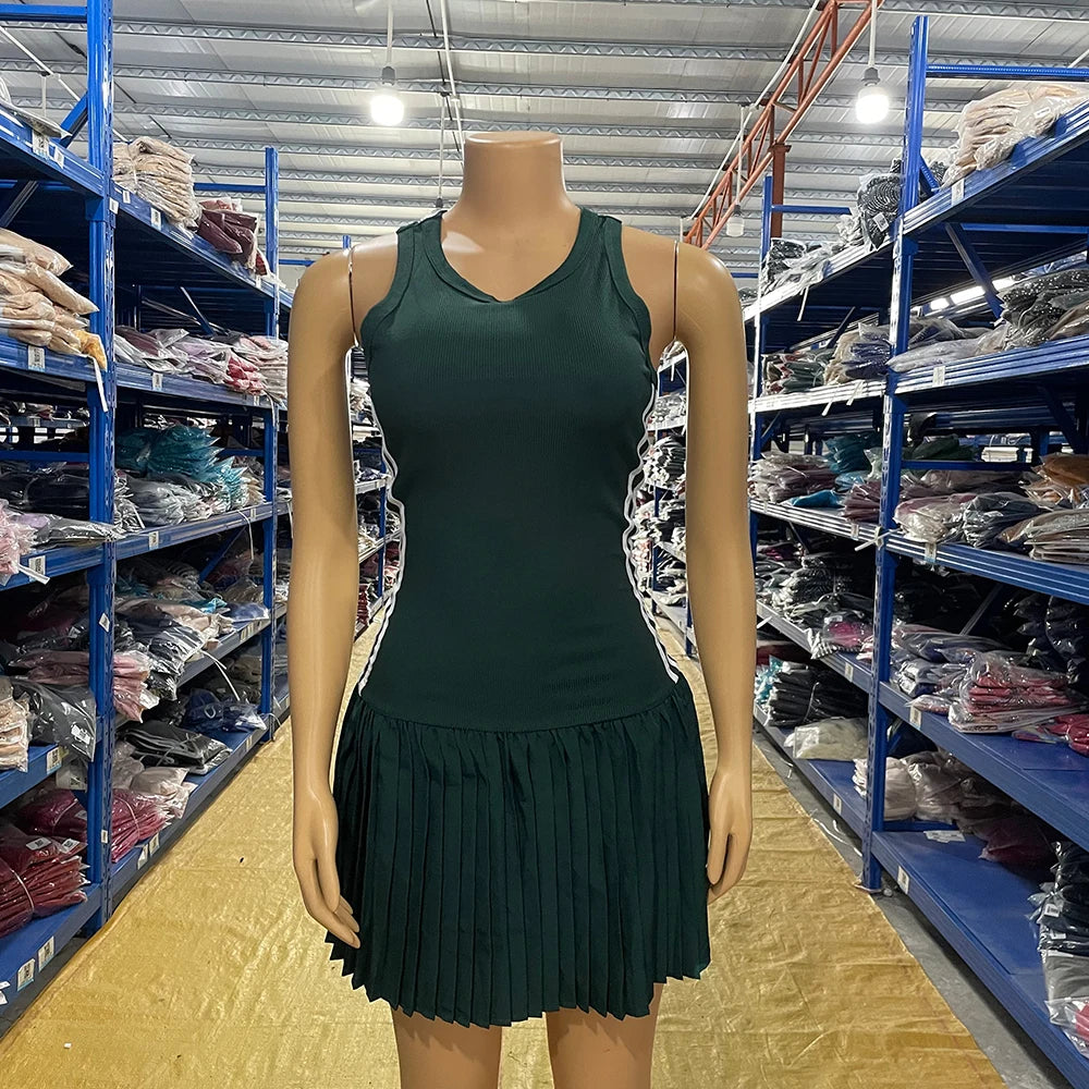Sleeveless Mini Dress Ribbed Pleated Short Skirt Woman Casual