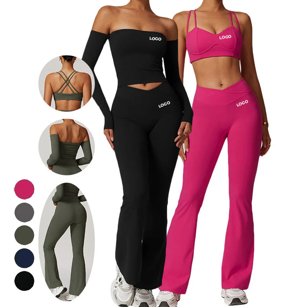 Women Sportswear Sports Bra Long Sleeve Tops Flare Leggings 3pcs Training Suit Workout