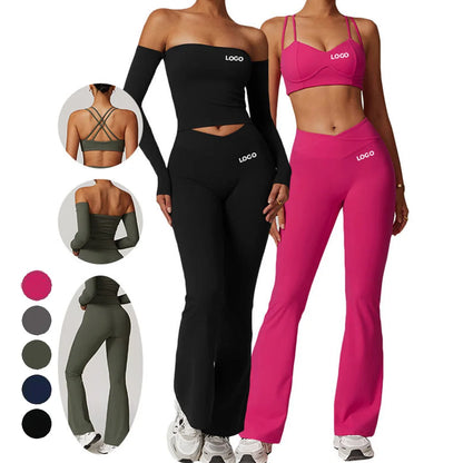 Women Sportswear Sports Bra Long Sleeve Tops Flare Leggings 3pcs Training Suit Workout