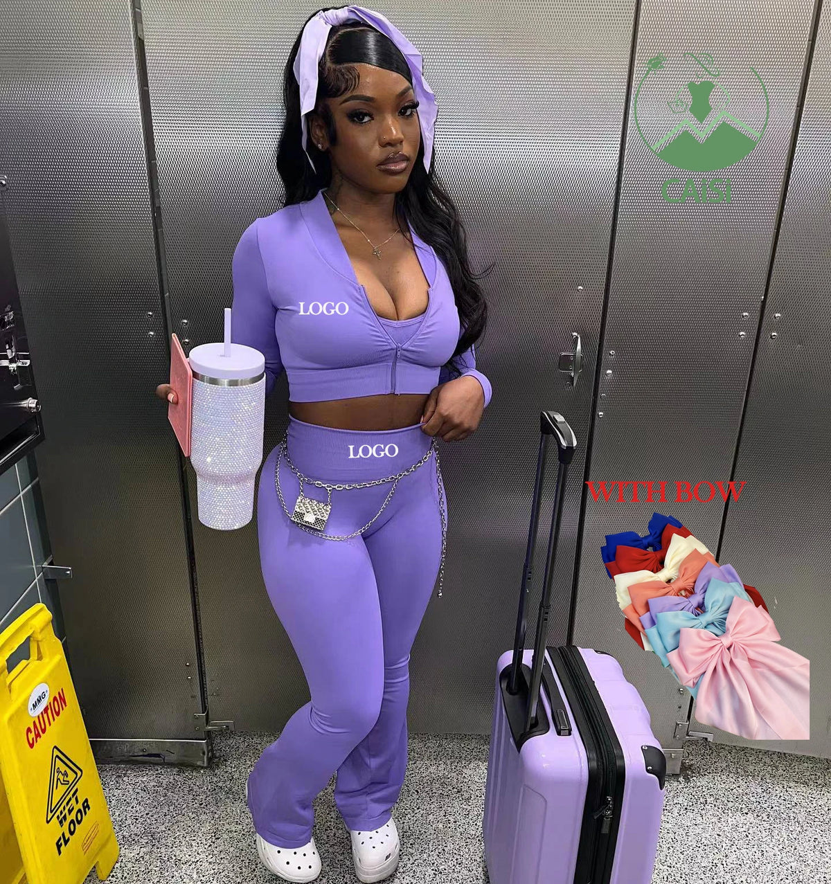 Set Women's Clothing Sportswear Zipper Jacket and Flare Pants