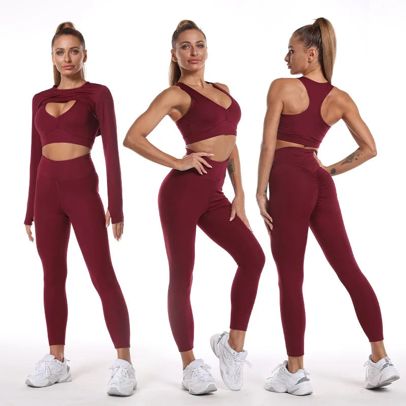 Seamless Activewear Long Sleeves Clothing Gym Yoga Workout Sets 3 Pcs Fitness Gym Suits Wear Fabletics Leggings Sportswear