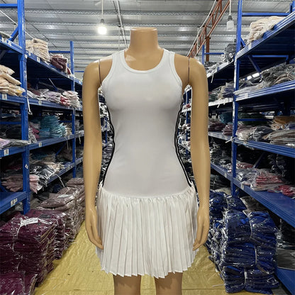 Sleeveless Mini Dress Ribbed Pleated Short Skirt Woman Casual