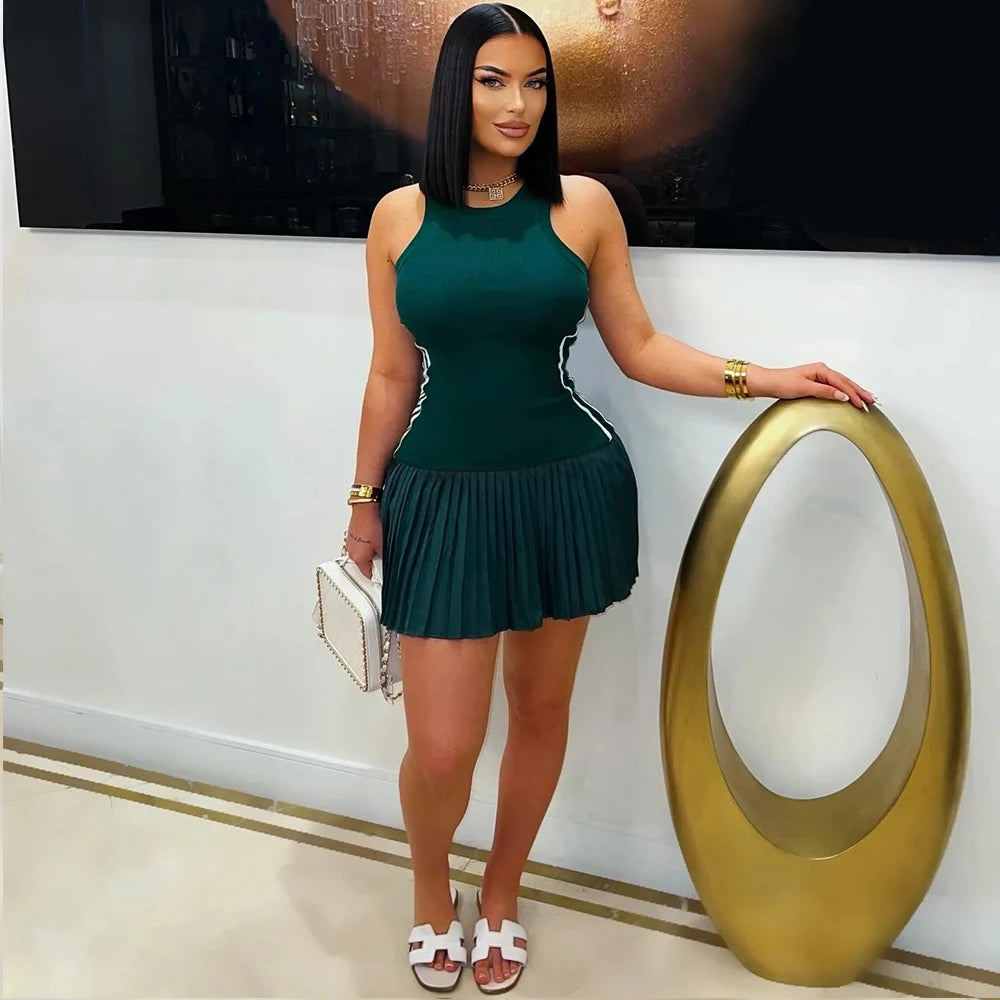 Sleeveless Mini Dress Ribbed Pleated Short Skirt Woman Casual