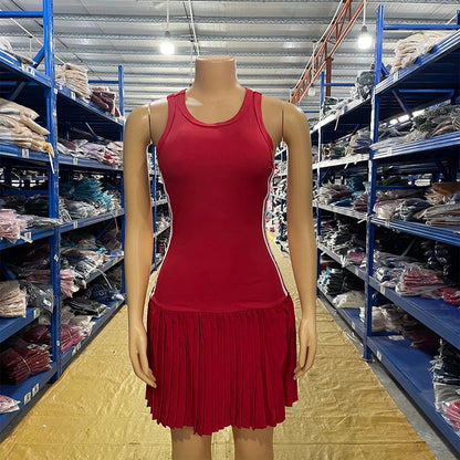 Sleeveless Mini Dress Ribbed Pleated Short Skirt Woman Casual