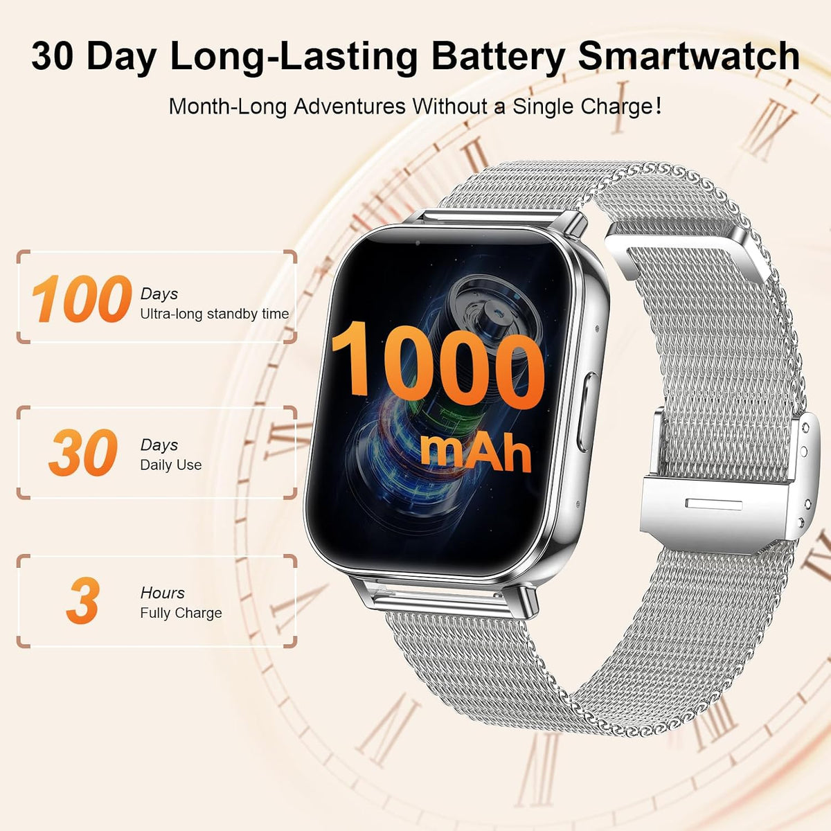 Smart Watches for Women,1000Mah Battery, Compatible with Android & Iphone, 1.83" HD Smartwatches with Calls/Messages Alerts, 110+ Sports Modes Fitness Watch, IP68 Waterproof(Silver)
