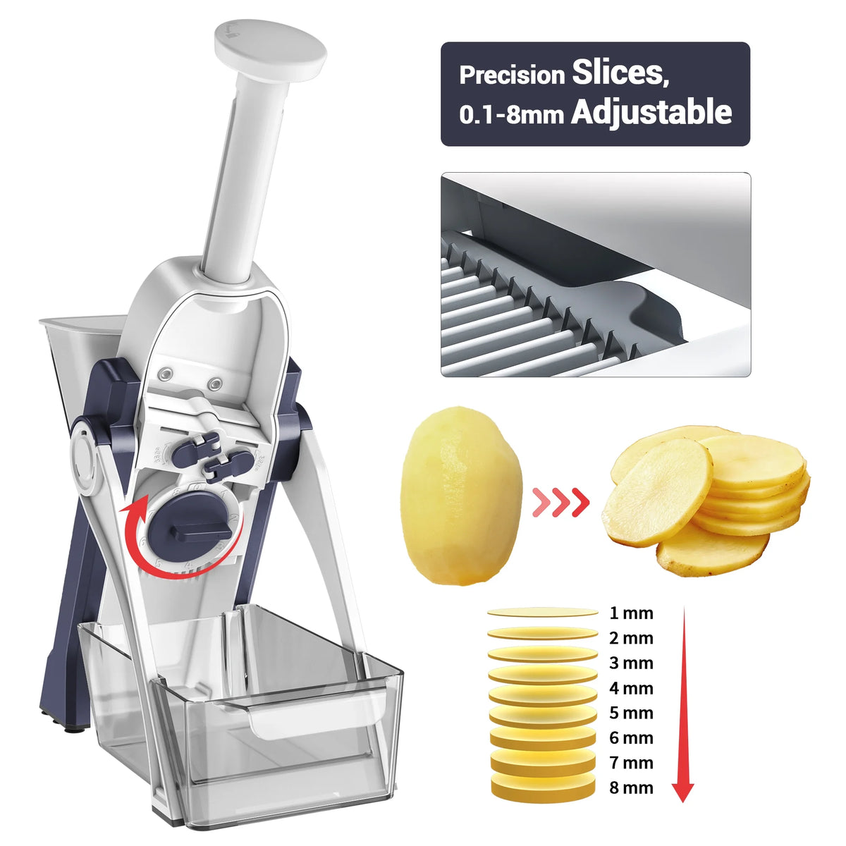Safe Mandoline Slicer Vegetable Cutter, Potato Slicer, All in 1 Vegetables Slicer and Chopper, French Fry Cutter, Adjustable Thickness, Dishwasher Safe