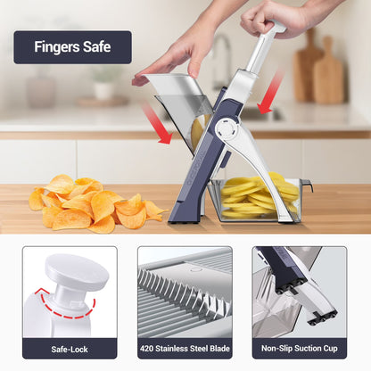 Safe Mandoline Slicer Vegetable Cutter, Potato Slicer, All in 1 Vegetables Slicer and Chopper, French Fry Cutter, Adjustable Thickness, Dishwasher Safe