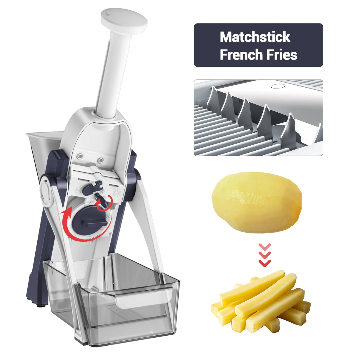 Safe Mandoline Slicer Vegetable Cutter, Potato Slicer, All in 1 Vegetables Slicer and Chopper, French Fry Cutter, Adjustable Thickness, Dishwasher Safe